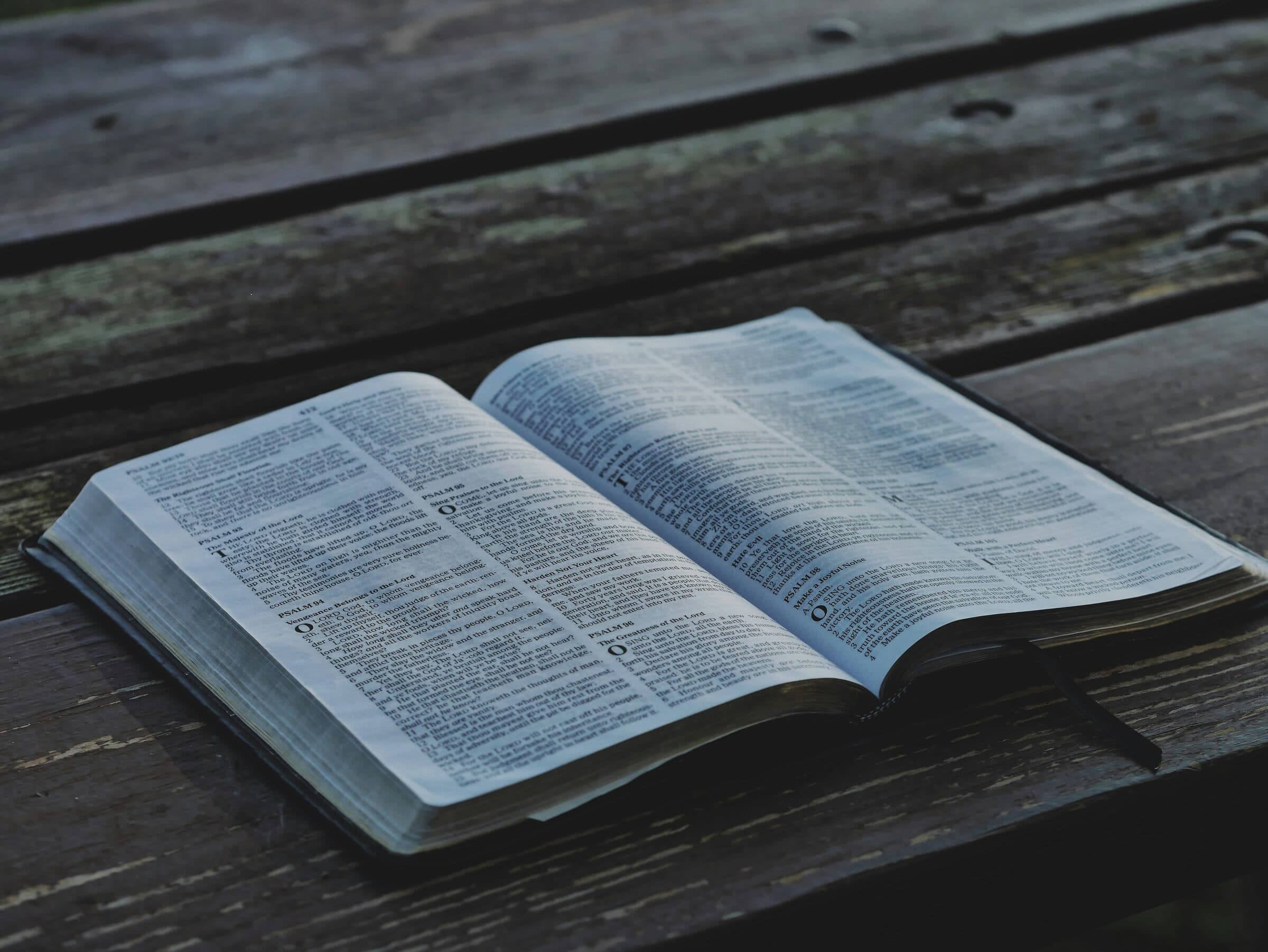 An open Bible resting on weathered wooden planks, its pages turned to the Psalms.